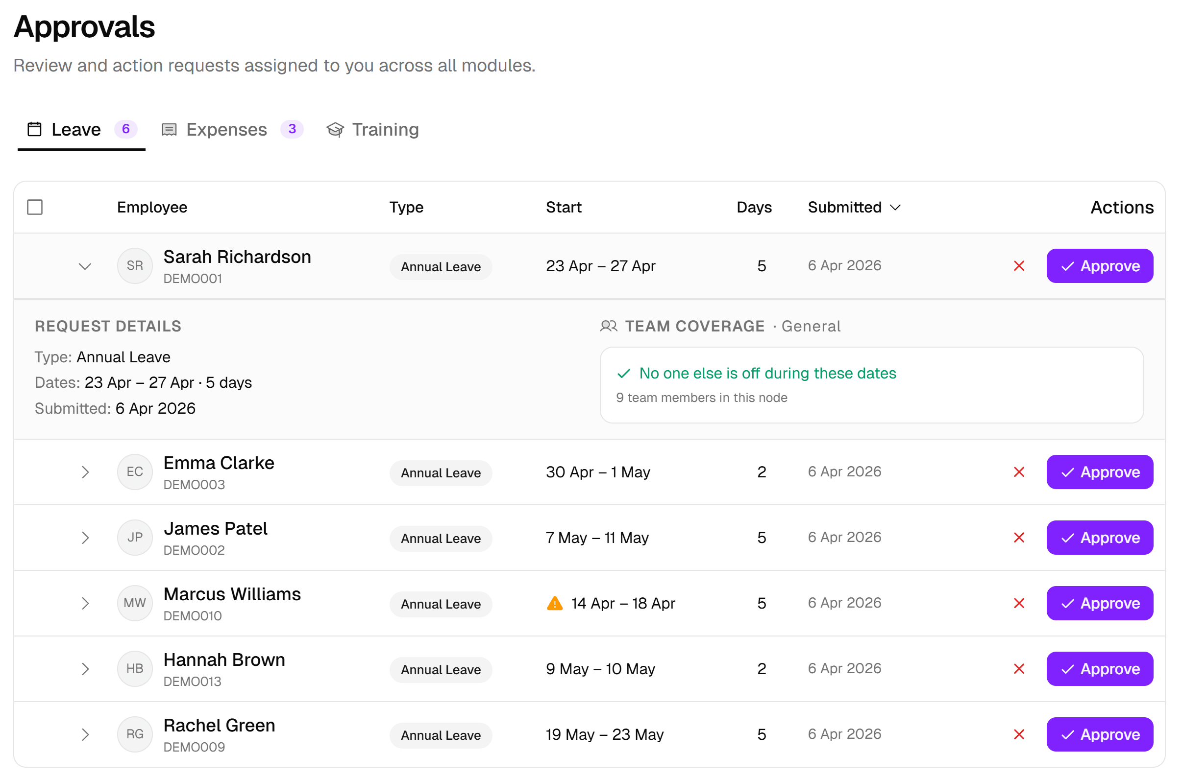 Luna HR leave approval view with team coverage context and one-click approve