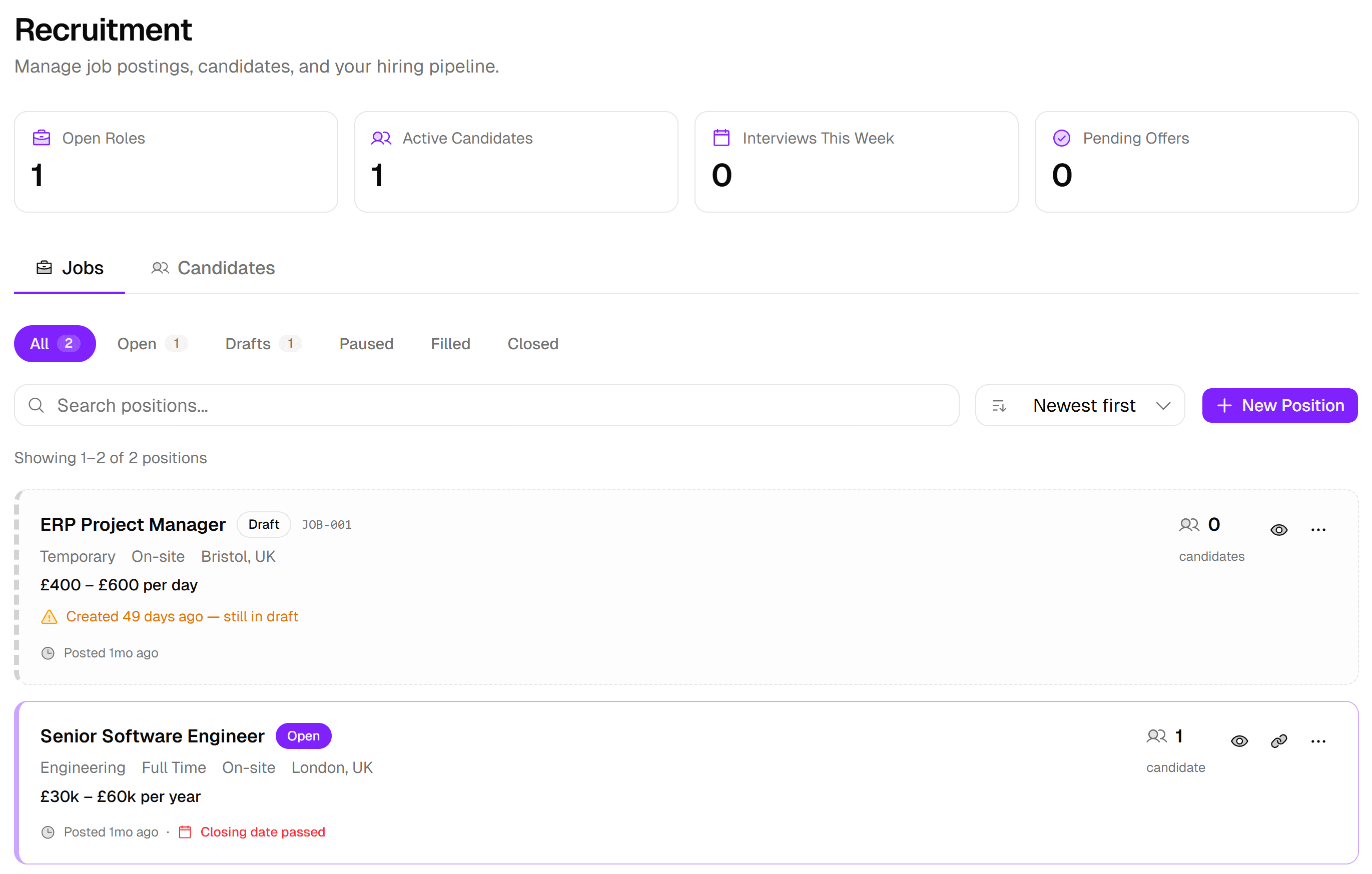 Luna HR recruitment dashboard with open roles and candidate stats